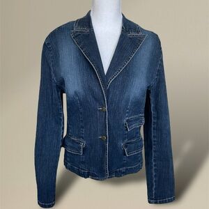 Casual Corner Denim Blazer Jean Jacket Dark Blue Stretch Notch Lapel Size 8